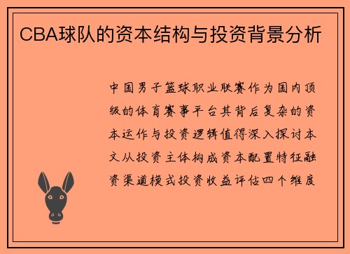 CBA球队的资本结构与投资背景分析