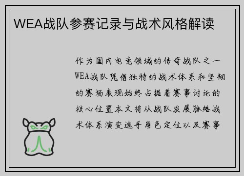 WEA战队参赛记录与战术风格解读