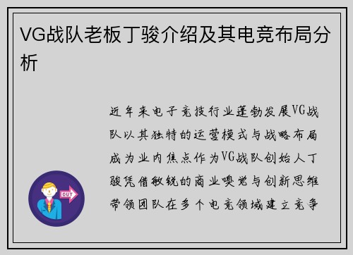 VG战队老板丁骏介绍及其电竞布局分析