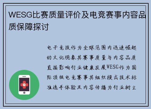 WESG比赛质量评价及电竞赛事内容品质保障探讨