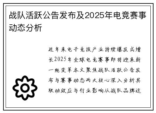 战队活跃公告发布及2025年电竞赛事动态分析